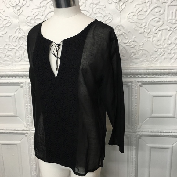 Joie Tops - Joie Sheer Gauze Embroidered Large Black Blouse
